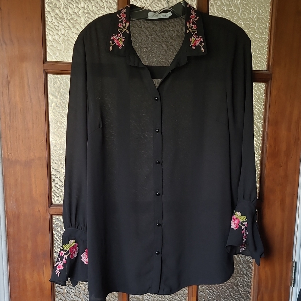 Marie-Claire Embroidered Black Sheer Blouse Size L